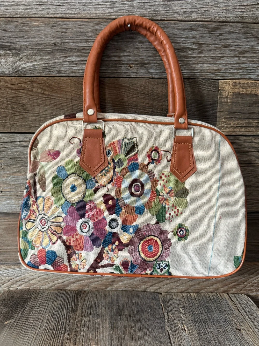 Brown Handle Tapestry Floral bag